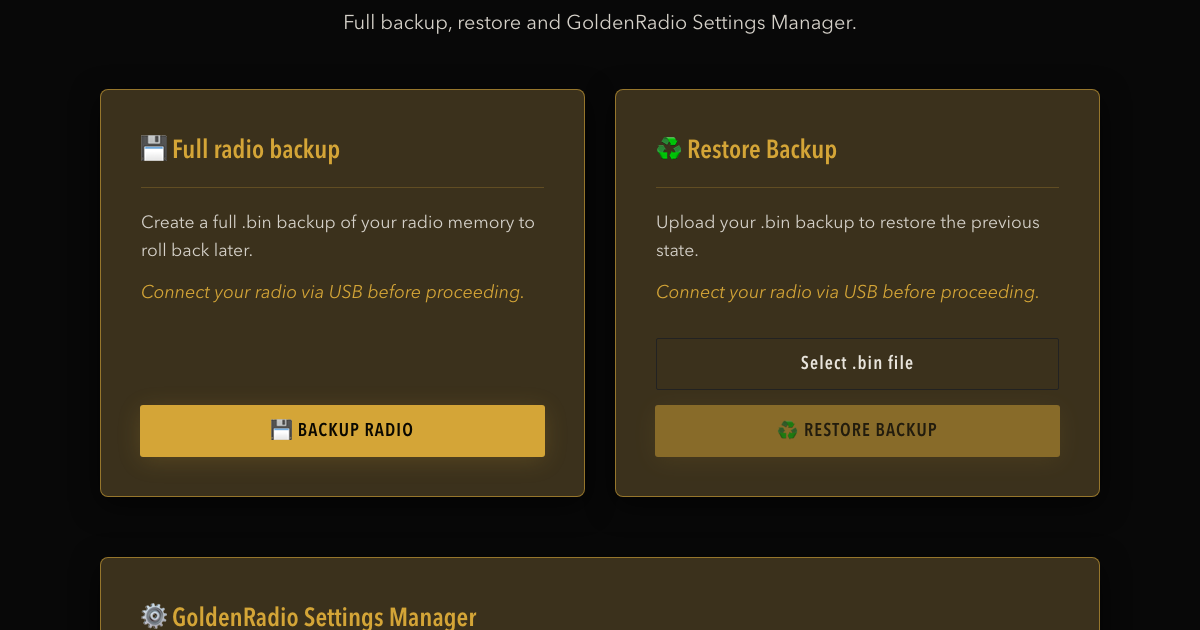 GOLDENRADIO web installer page for backing up an ATS25 radio