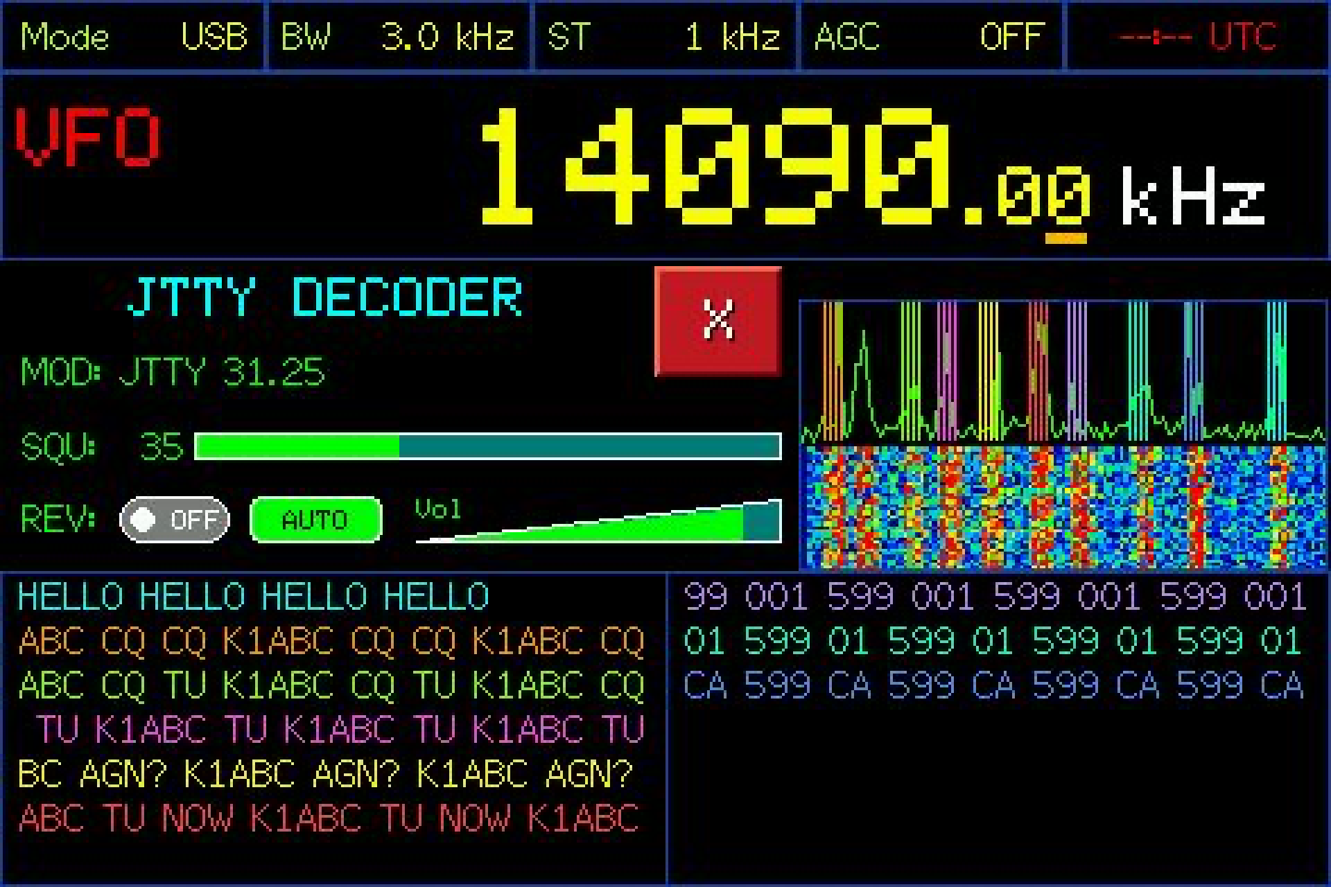 GOLDENRADIO JTTY decoder page on an ATS25 Ultra with spectrum, waterfall and decoded messages