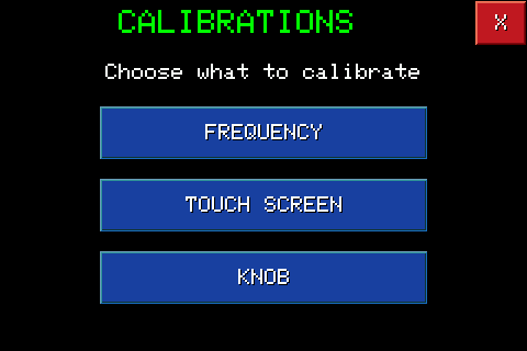 Calibrations page with the three buttons Frequency, Touch Screen and Knob