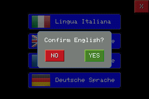 Confirmation window of the chosen language, called from the Settings page