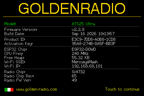 First Info page, with the technical data of the radio