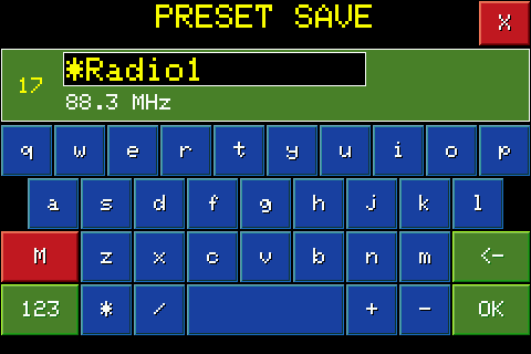 Preset Save page, with keyboard and proposed name