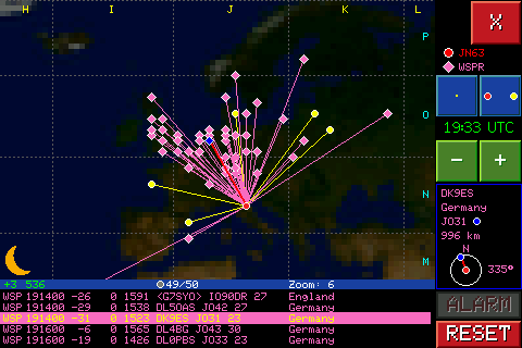 Mappa WSPR con stazioni ricevute e collegamenti verso il QTH