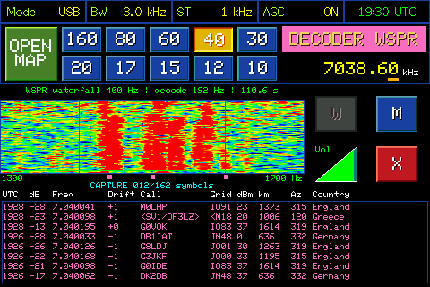 Decoder WSPR con waterfall e segnali decodificati