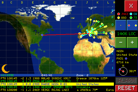 FT8 locator map with decoded stations and active gray line