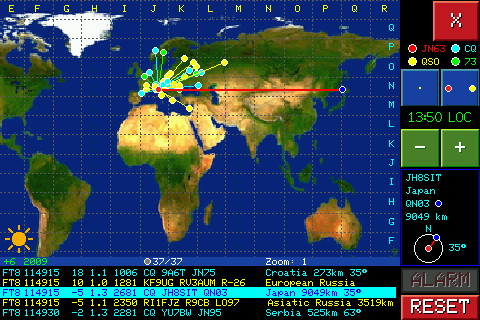 FT8 locator map with decoded stations
